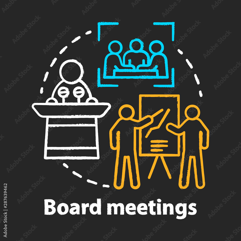 Board meetings chalk concept icon. Conference, seminar, business training idea. Corporate presentation. Teamwork, team building. Vector isolated chalkboard illustration Board meetings chalk concept icon. Conference, seminar, business training idea. Corporate presentation. Teamwork, team building. Vector isolated chalkboard illustration