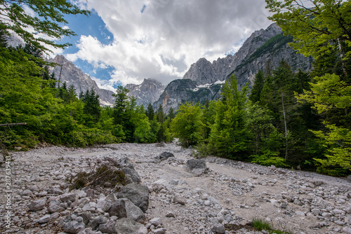 Triglav national natural Park in Slovenia, Pisnica valley. Hiking trails for tourists. Beautiful mountain landscape in the Julian Alps. photo