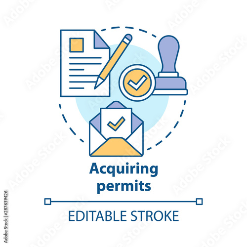 Acquiring permits concept icon. Obtaining license idea thin line illustration. Getting approval. Legal documents and permissions. Formal application. Vector isolated outline drawing. Editable stroke