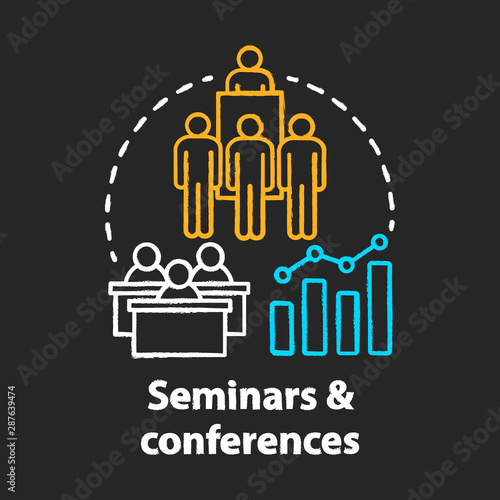 Seminars & conferences chalk concept icon. Corporate events idea. Business meetings, trainings. Company presentation. Briefing, public speech. Vector isolated chalkboard illustration