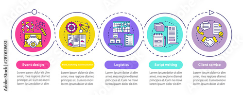 Event management, planning vector infographic template. Brand, marketing and communication, client service. Data visualization with five step. Process timeline chart. Workflow layout with linear icons