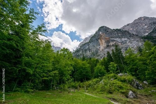 Triglav national natural Park in Slovenia, Pisnica valley. Hiking trails for tourists. Beautiful mountain landscape in the Julian Alps. photo