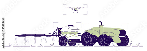 Drone watering tractor flat illustration. Driverless agricultural machinery with UAV control cartoon concept with outline. Self driving tractor with fertilizer spreader, sprinkler for irrigation