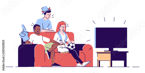 Friends watching game on TV flat vector illustration. Sport fans, team supporters wearing fans hat, scarf eating snacks isolated cartoon characters with outline elements on white background