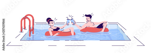 Couple in swimming pool flat vector illustration. Romantic date in water. Boyfriend, girlfriend drinking cocktail in safety rings isolated cartoon characters with outline elements on white background