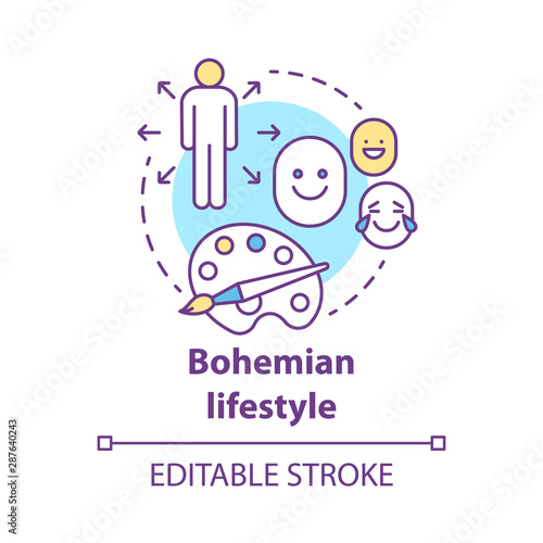 Bohemian lifestyle concept icon. Unconventional person with few permanent ties idea thin line illustration. Artistic, literary, theatrical goals. Vector isolated outline drawing. Editable stroke