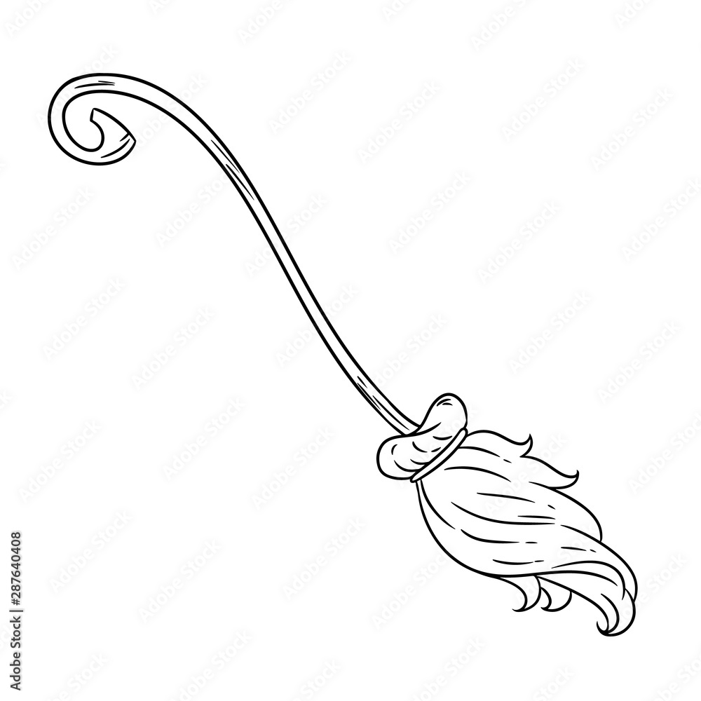 Cute cartoon magical broomstick doodle drawing. Isolated broom symbol