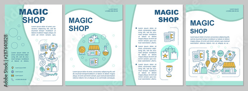 Magic shop brochure template layout. Esoteric store blue flyer, booklet, leaflet print design with linear illustrations. Vector page layouts for magazines, annual reports, advertising posters