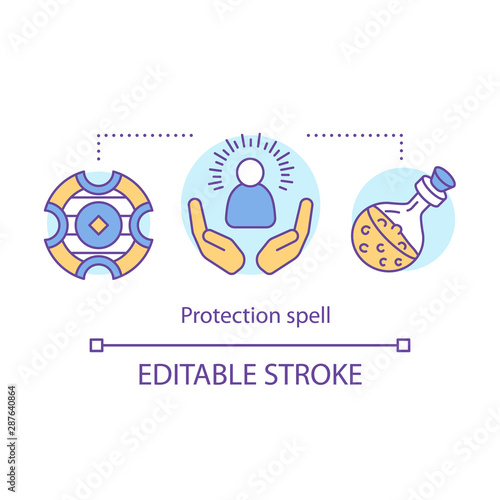 Protection spell concept icon. Occultism and superstition idea thin line illustration. Safety sorcery, security charm. Magic amulet and potion vector isolated outline drawing. Editable stroke