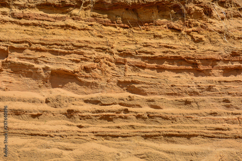 Background of beige sand of sandy cliffs. Close up of the texture of the big sandy cliff.