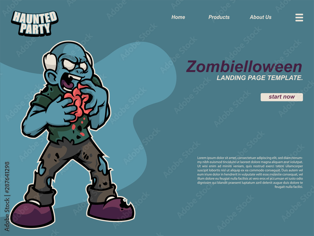 halloween cartoon scene with an old standing zombie eating brain. landing page website design template, background and banner halloween cartoon scene with an old standing zombie eating brain. landing page website design template, background and banner