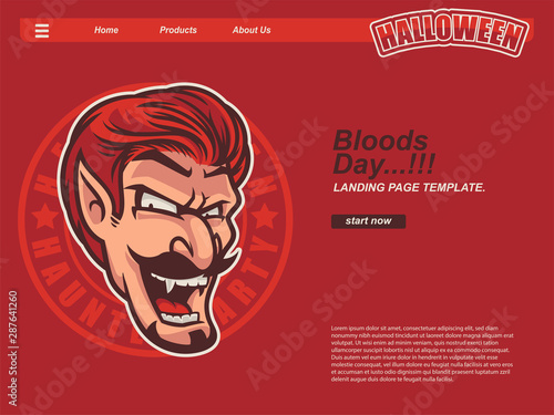 cartoon halloween scene with dracula head smiling and scary face. landing page website design template, background and banner