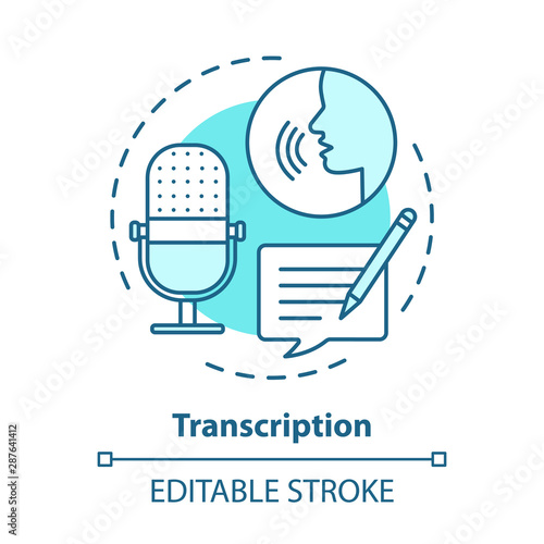 Transcription blue concept icon. Audio files conversion into text format idea thin line illustration. Representation of language in written form. Vector isolated outline drawing. Editable stroke