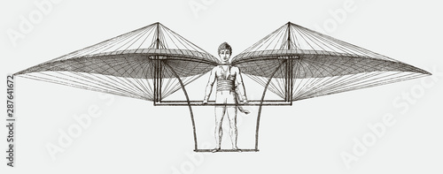 Historic man-powered flying machine with two movable wings. Illustration after engraving from 19th century