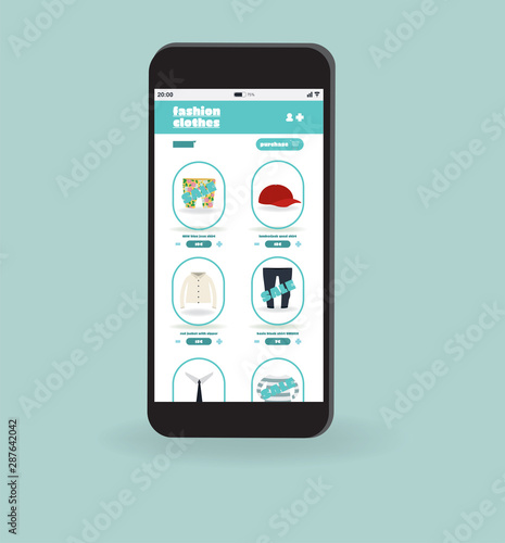 Flat vector of smartphone with app for shopping clothes