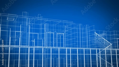 Abstract Beautiful Building Process of Skyscraper Blueprint Grid Seamless. Looped 3d Animation of Growing Construction Progress Modern Building in Lines Structure. 4k Ultra HD 3840x2160.