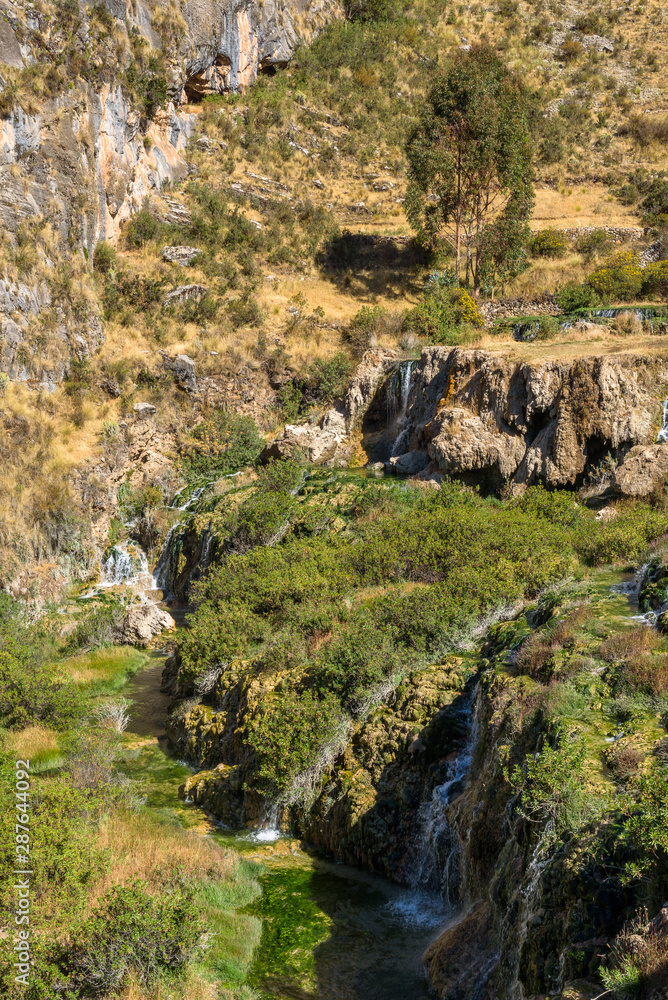 Streams and waterfalls feeding the natural pools of the Millpu Blue Lagoons, Ayacucho, Peru