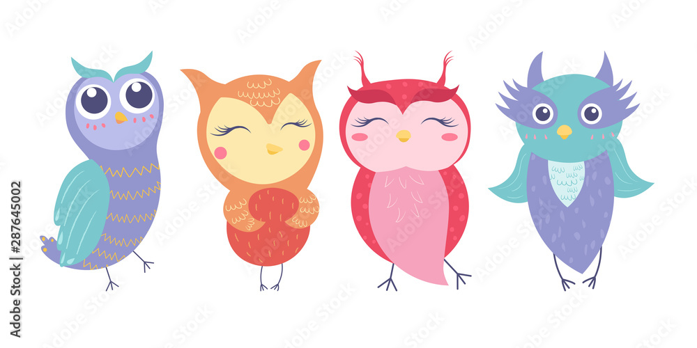Cute set Cartoon Owl Girl