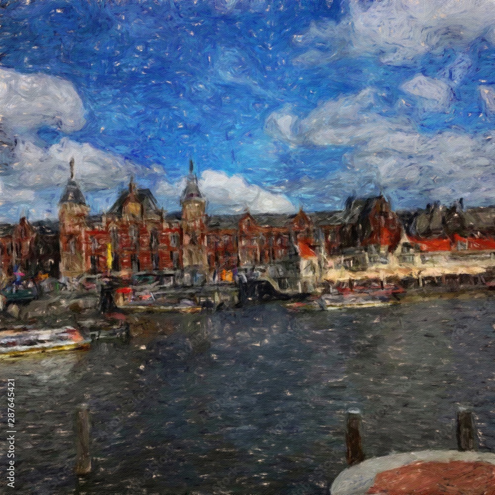 Fototapeta premium Oil painting modern art Amsterdam, Netherlands. Wall poster and canvas contemporary drawing print. Touristic postcard and stationery design. Europe beauty travel scene, historical buildings and place.