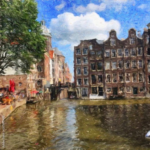 Fototapeta Naklejka Na Ścianę i Meble -  Oil painting modern art Amsterdam, Netherlands. Wall poster and canvas contemporary drawing print. Touristic postcard and stationery design. Europe beauty travel scene, historical buildings and place.