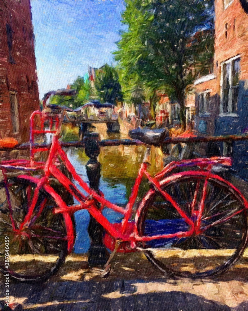 Oil painting modern art Amsterdam, Netherlands. Wall poster and canvas contemporary drawing print. Touristic postcard and stationery design. Europe beauty travel scene, historical buildings and place.