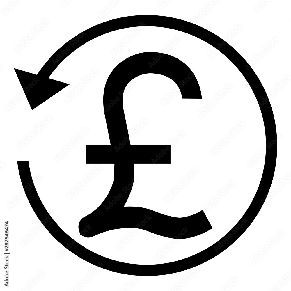 Refund sign. ENGLAND POUND STERLING currency. Circle arrow sign. Refund sign. ENGLAND POUND STERLING currency. Circle arrow sign.