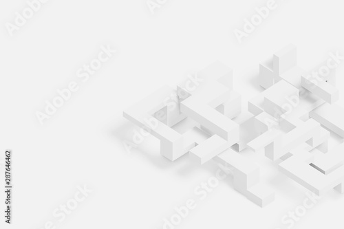 abstract background, white cube extruded making a irregular extruded shape on white isolated background. space for brand or text. 3D ILLUSTRATION