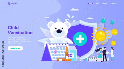 Child scheduled vaccination, family vaccination website concept. Child disease prophylaxis and prevention. Flat vector illustration with characters for website, landing page, banner, hero image