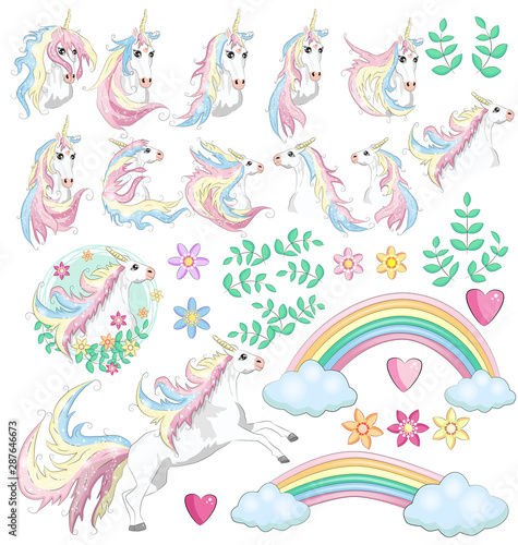 Set with unicorns, flowers, leaves, hearts, rainbow and other elements for girls.