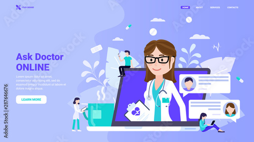 Ask doctor online, online medical consultation 24/7, distant medical information concept for website. Flat vector illustration with characters for landing page, web site, banner, hero image.