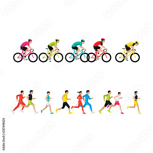 Marathon runners. Bicycle riders. People run side view. Cyclists ride side view. Bicycle racing