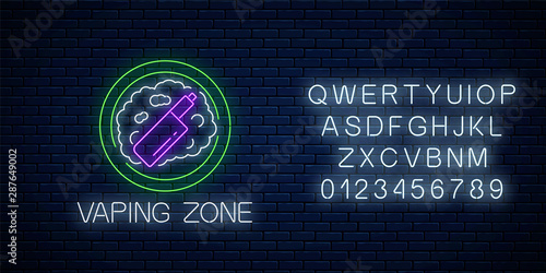 Glowing neon sign of vaping zone with alphabet. Vape kit area symbol. Signboard of smoking place.