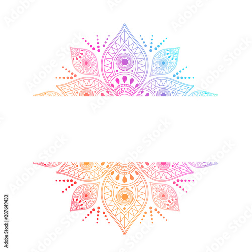 Colorful intricate mandala with central white ribbon for copy space incorporating different symbols in a geometric pattern, vector design photo