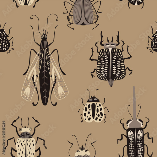 Folk Art Seamless Pattern With Bugs.