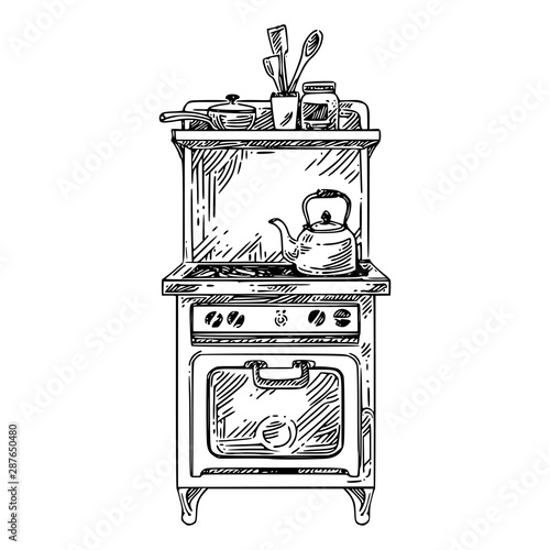 Vintage stove with kettle. Sketch. Engraving style. Vector illustration.