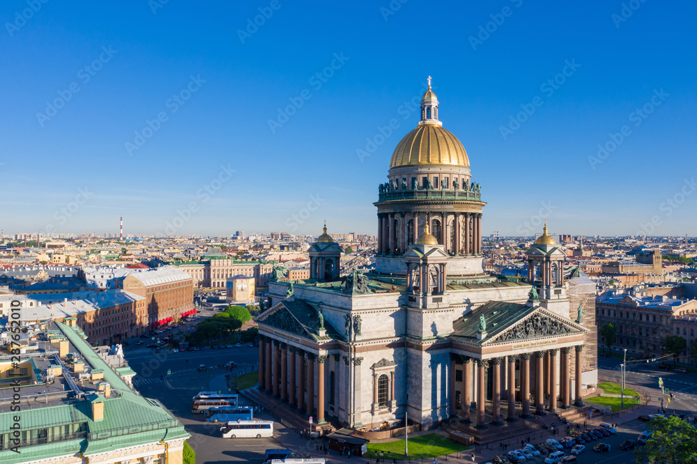 ST. PETERSBURG, RUSSIA - MAY, 2019: Saint Petersburg. Saint Isaac's Cathedral. Museums of Petersburg. St. Isaac's Square. Summer in St. Petersburg. St. Aerial view frome drone. Russia