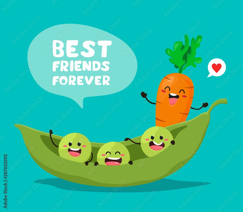 Funny green peas and carrots with the slogan. Best friends forever. Vector illustration in cartoon style.