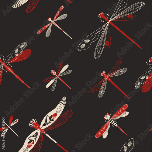 Folk Art Seamless Pattern With Dragonflies.
