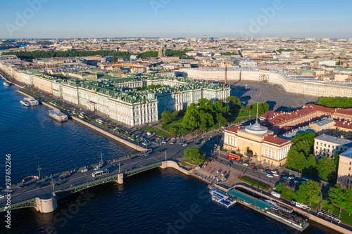 Aerial view cityscape of city center, Palace square, State Hermitage museum (Winter Palace), Neva river. Saint Petersburg skyline.