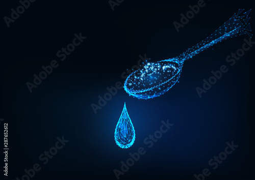 Futuristic glowing low polygonal spoon and liquid medicines drop isolated on dark blue background.