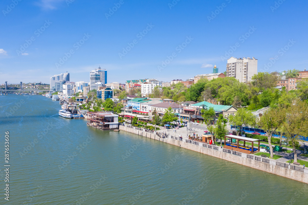 ROSTOV-ON-DON, RUSSIA - MAY 2019: Aerial view of Rostov-on-Don and River Don. Russia ROSTOV-ON-DON, RUSSIA - MAY 2019: Aerial view of Rostov-on-Don and River Don. Russia