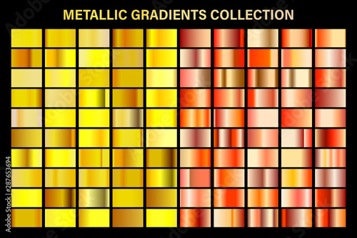 Golden, yellow and orange bronze gradient, gold metal foil texture. Color swatch set. Collection of high quality vector gradients. Shiny metallic background. Design element.