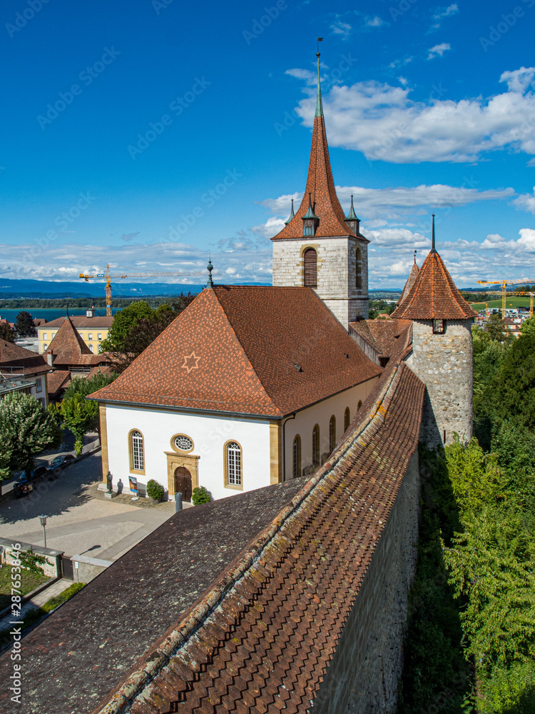 View of Church from City Wall in Murten View of Church from City Wall in Murten