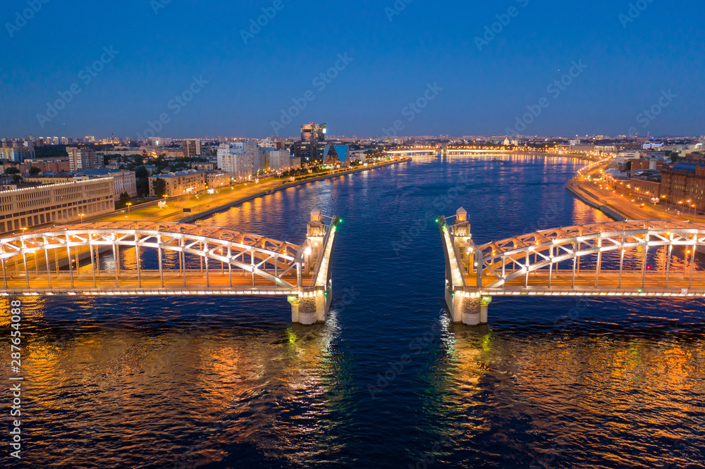 St. Petersburg, white nights, Bolsheokhtinsky bridge. Landmark of summer Petersburg. Photo from drone.