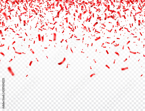 Christmas  Valentines day red confetti on transparent background. Falling shiny glitter. Festive party design elements.