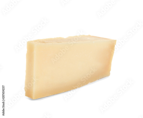 Piece of tasty parmesan cheese isolated on white