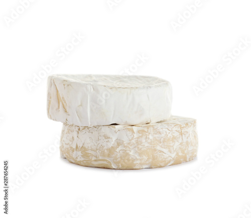 Tasty camembert and brie cheeses isolated on white