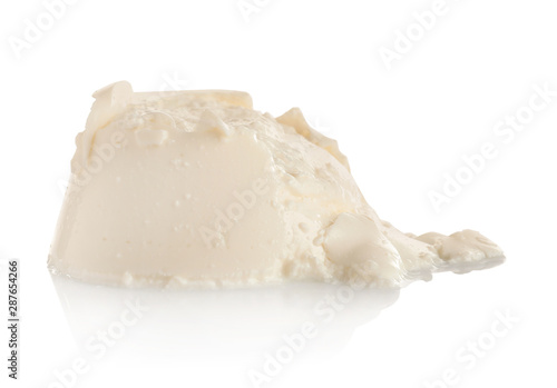 Tasty creamy feta cheese on white background