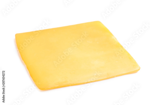 Slice of tasty cheese on white background