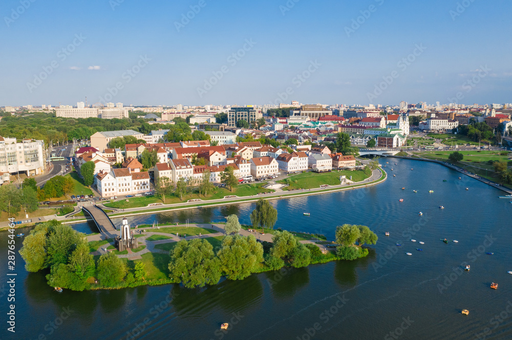 Aerial View, Cityscape Of Minsk, Belarus. Summer Season, Sunset Time. Panorama Of Nemiga District
